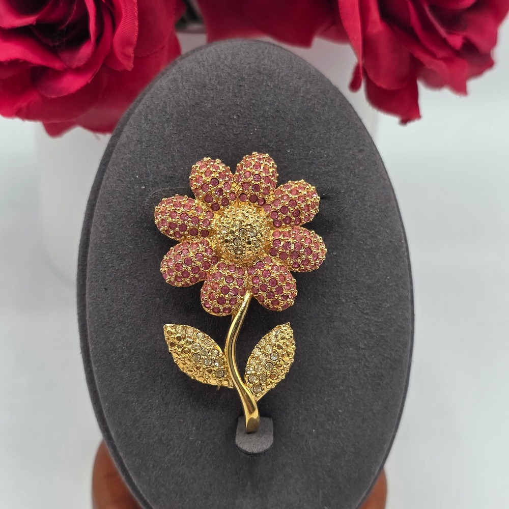 Napier Gold Tone Pink Rhinestone Pave Flower Brooch Vintage Style Daisy Pin